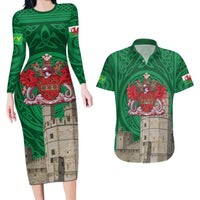 Personalized Caernarfonshire Wales Couples Matching Long Sleeve Bodycon Dress and Hawaiian Shirt Caernarfon Castle and Emblem Celtic Style - Wonder Print Shop