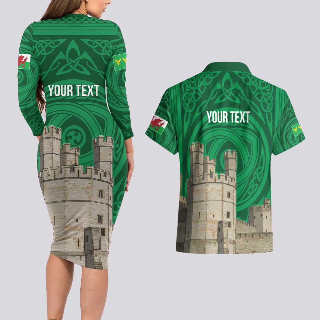 Personalized Caernarfonshire Wales Couples Matching Long Sleeve Bodycon Dress and Hawaiian Shirt Caernarfon Castle and Emblem Celtic Style - Wonder Print Shop