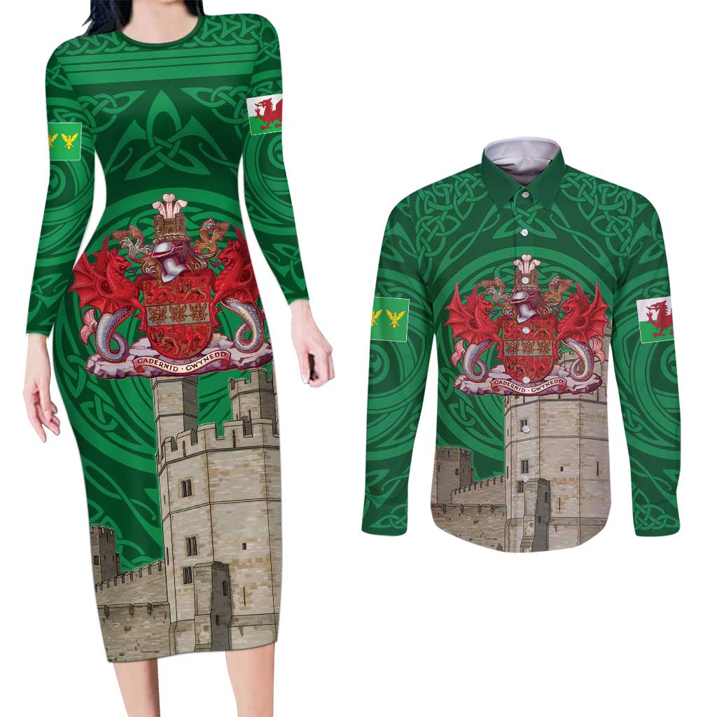 Personalized Caernarfonshire Wales Couples Matching Long Sleeve Bodycon Dress and Long Sleeve Button Shirt Caernarfon Castle and Emblem Celtic Style - Wonder Print Shop