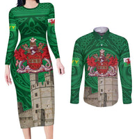Personalized Caernarfonshire Wales Couples Matching Long Sleeve Bodycon Dress and Long Sleeve Button Shirt Caernarfon Castle and Emblem Celtic Style - Wonder Print Shop