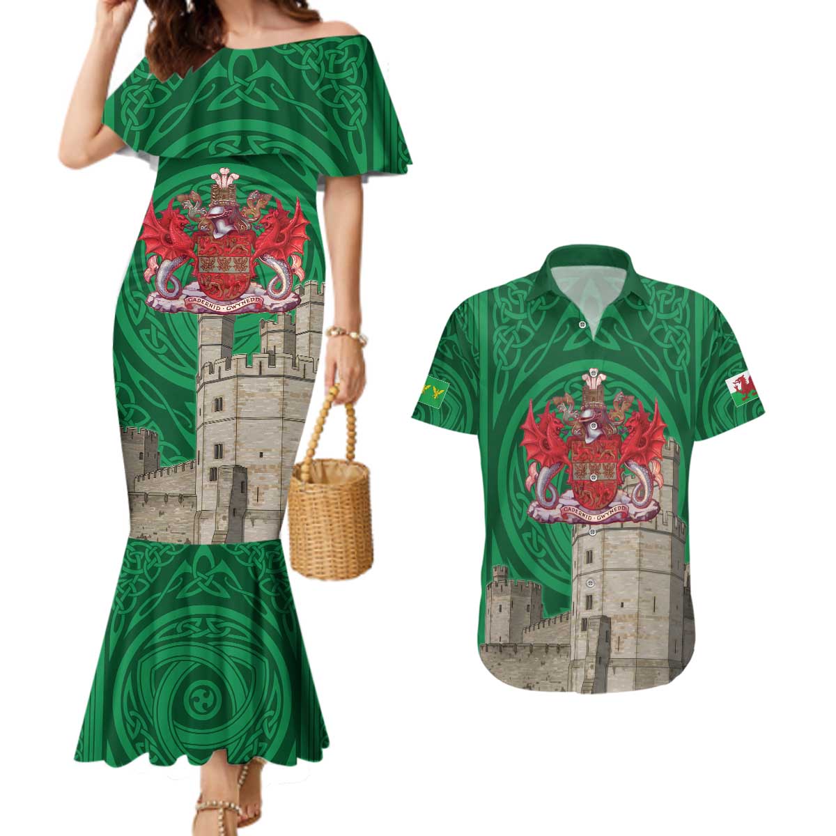 Personalized Caernarfonshire Wales Couples Matching Mermaid Dress and Hawaiian Shirt Caernarfon Castle and Emblem Celtic Style - Wonder Print Shop