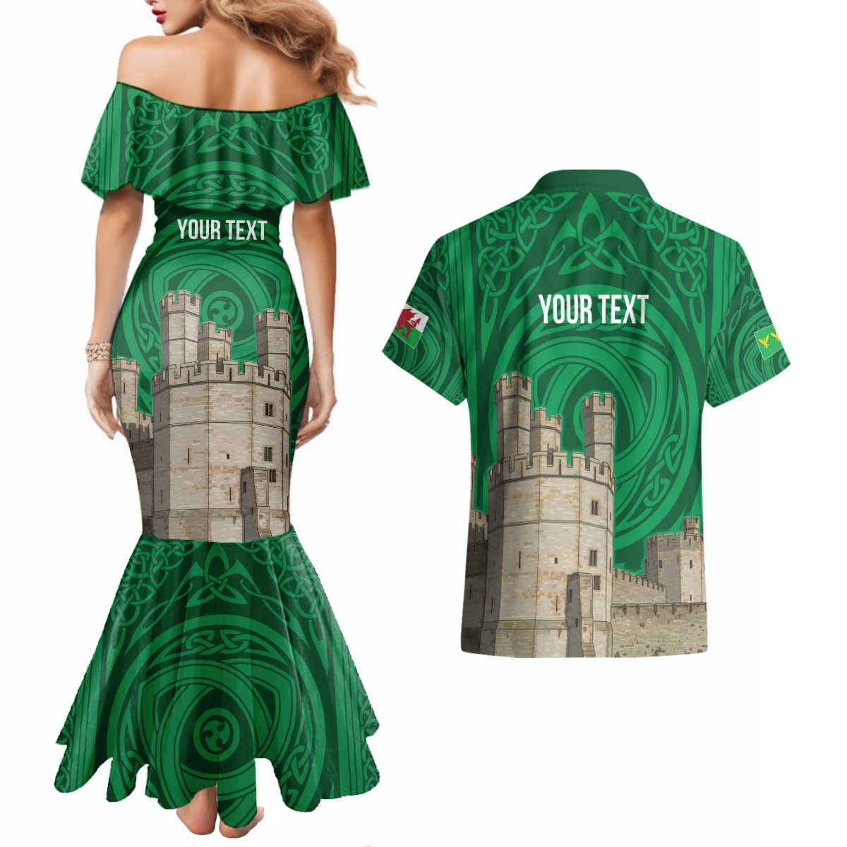 Personalized Caernarfonshire Wales Couples Matching Mermaid Dress and Hawaiian Shirt Caernarfon Castle and Emblem Celtic Style - Wonder Print Shop