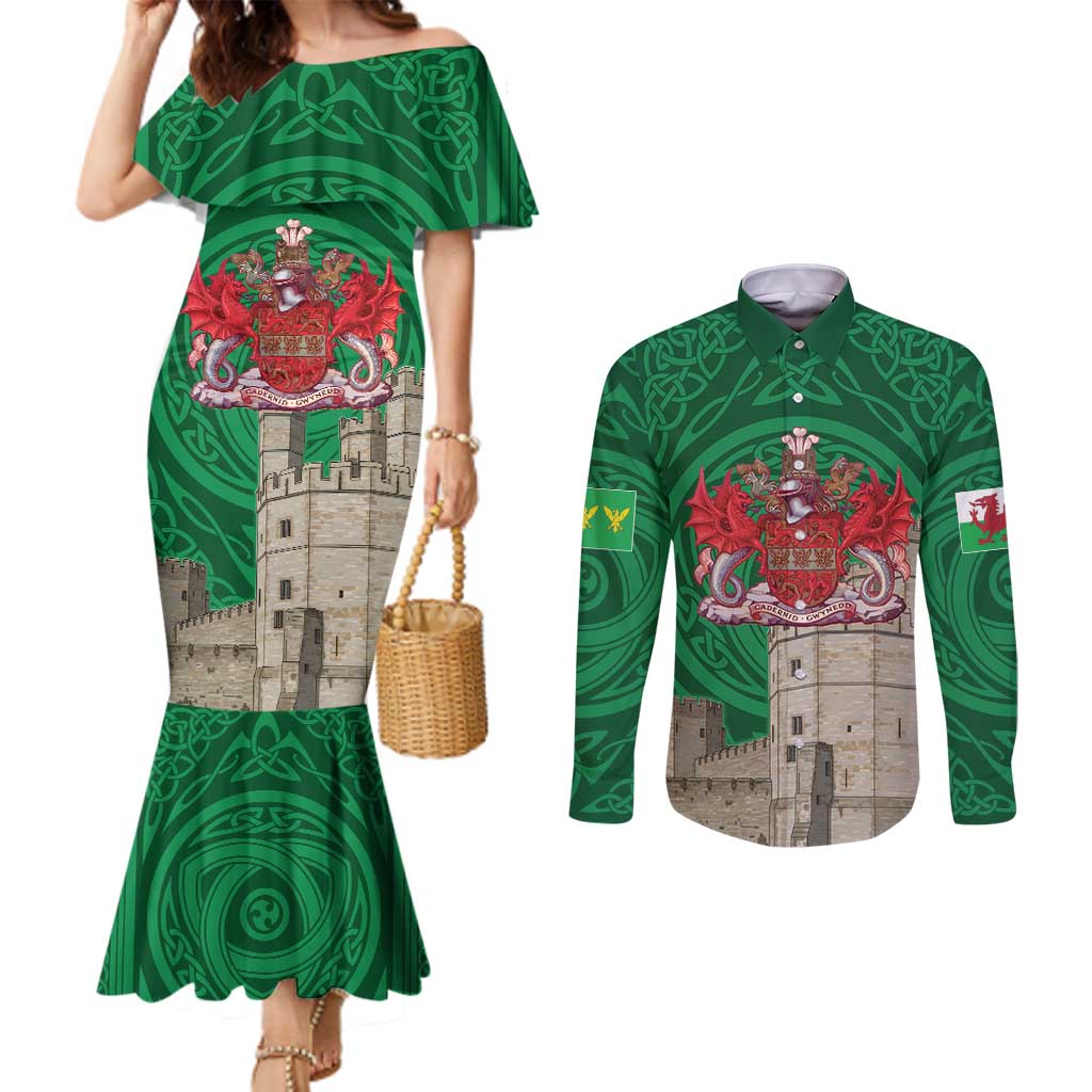 Personalized Caernarfonshire Wales Couples Matching Mermaid Dress and Long Sleeve Button Shirt Caernarfon Castle and Emblem Celtic Style - Wonder Print Shop