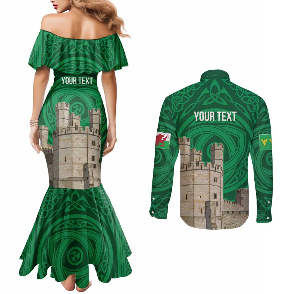 Personalized Caernarfonshire Wales Couples Matching Mermaid Dress and Long Sleeve Button Shirt Caernarfon Castle and Emblem Celtic Style - Wonder Print Shop