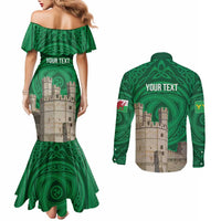 Personalized Caernarfonshire Wales Couples Matching Mermaid Dress and Long Sleeve Button Shirt Caernarfon Castle and Emblem Celtic Style - Wonder Print Shop