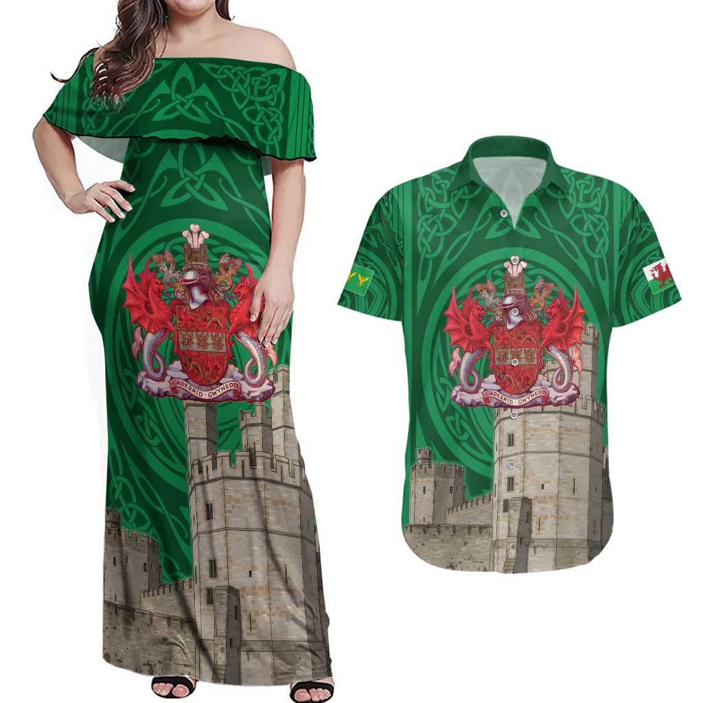 Personalized Caernarfonshire Wales Couples Matching Off Shoulder Maxi Dress and Hawaiian Shirt Caernarfon Castle and Emblem Celtic Style - Wonder Print Shop