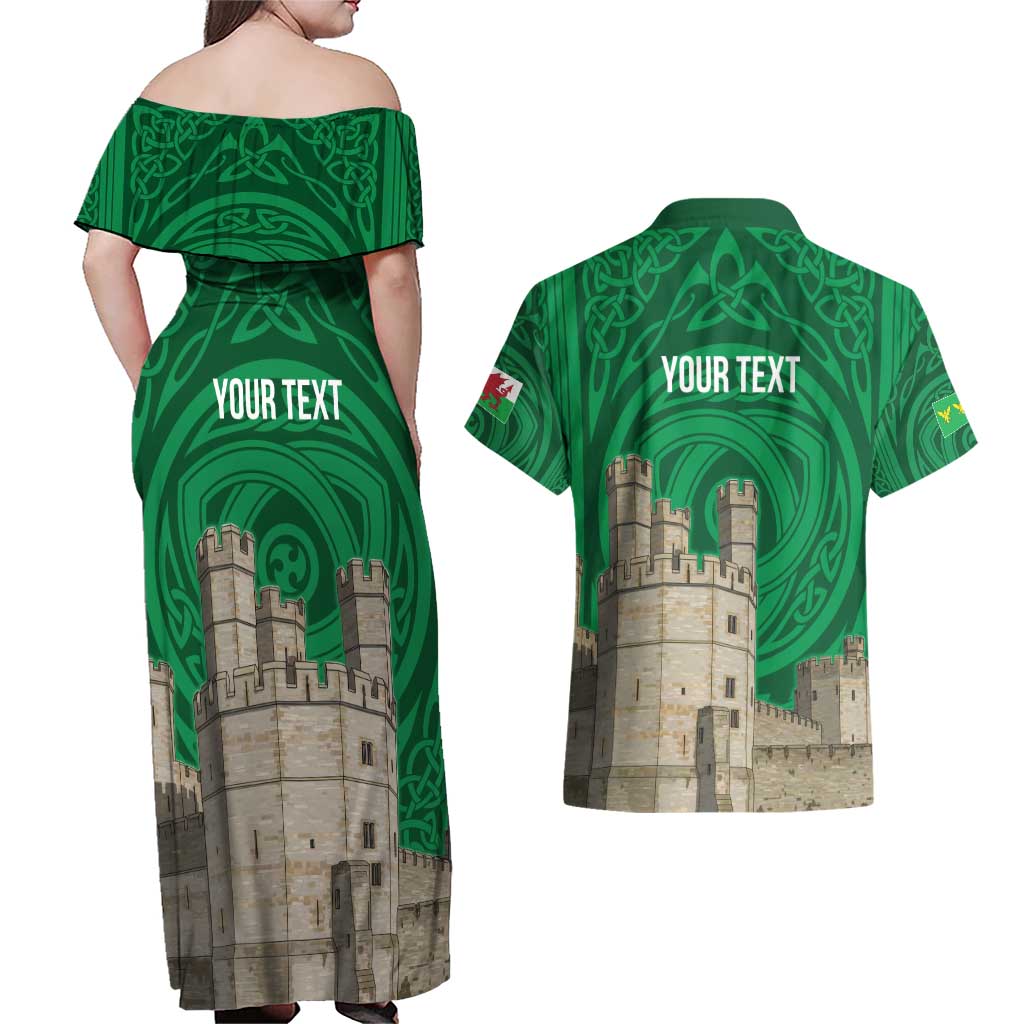 Personalized Caernarfonshire Wales Couples Matching Off Shoulder Maxi Dress and Hawaiian Shirt Caernarfon Castle and Emblem Celtic Style - Wonder Print Shop