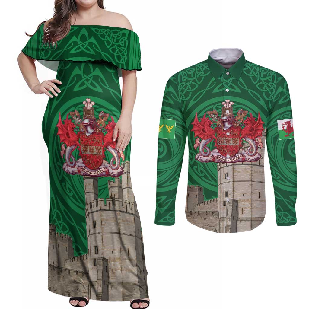 Personalized Caernarfonshire Wales Couples Matching Off Shoulder Maxi Dress and Long Sleeve Button Shirt Caernarfon Castle and Emblem Celtic Style - Wonder Print Shop