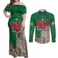 Personalized Caernarfonshire Wales Couples Matching Off Shoulder Maxi Dress and Long Sleeve Button Shirt Caernarfon Castle and Emblem Celtic Style - Wonder Print Shop