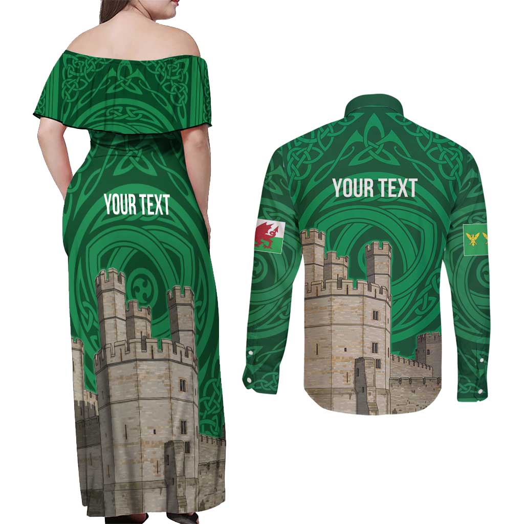 Personalized Caernarfonshire Wales Couples Matching Off Shoulder Maxi Dress and Long Sleeve Button Shirt Caernarfon Castle and Emblem Celtic Style - Wonder Print Shop