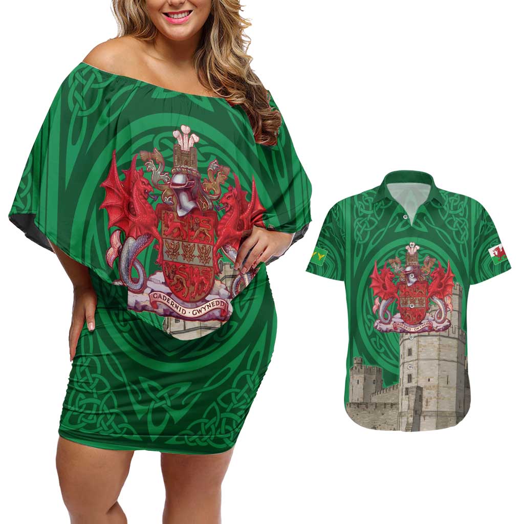 Personalized Caernarfonshire Wales Couples Matching Off Shoulder Short Dress and Hawaiian Shirt Caernarfon Castle and Emblem Celtic Style - Wonder Print Shop