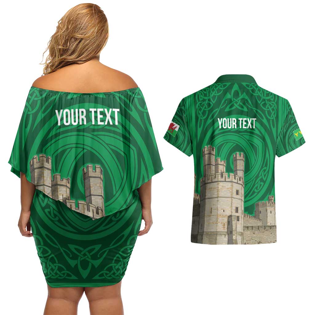 Personalized Caernarfonshire Wales Couples Matching Off Shoulder Short Dress and Hawaiian Shirt Caernarfon Castle and Emblem Celtic Style - Wonder Print Shop