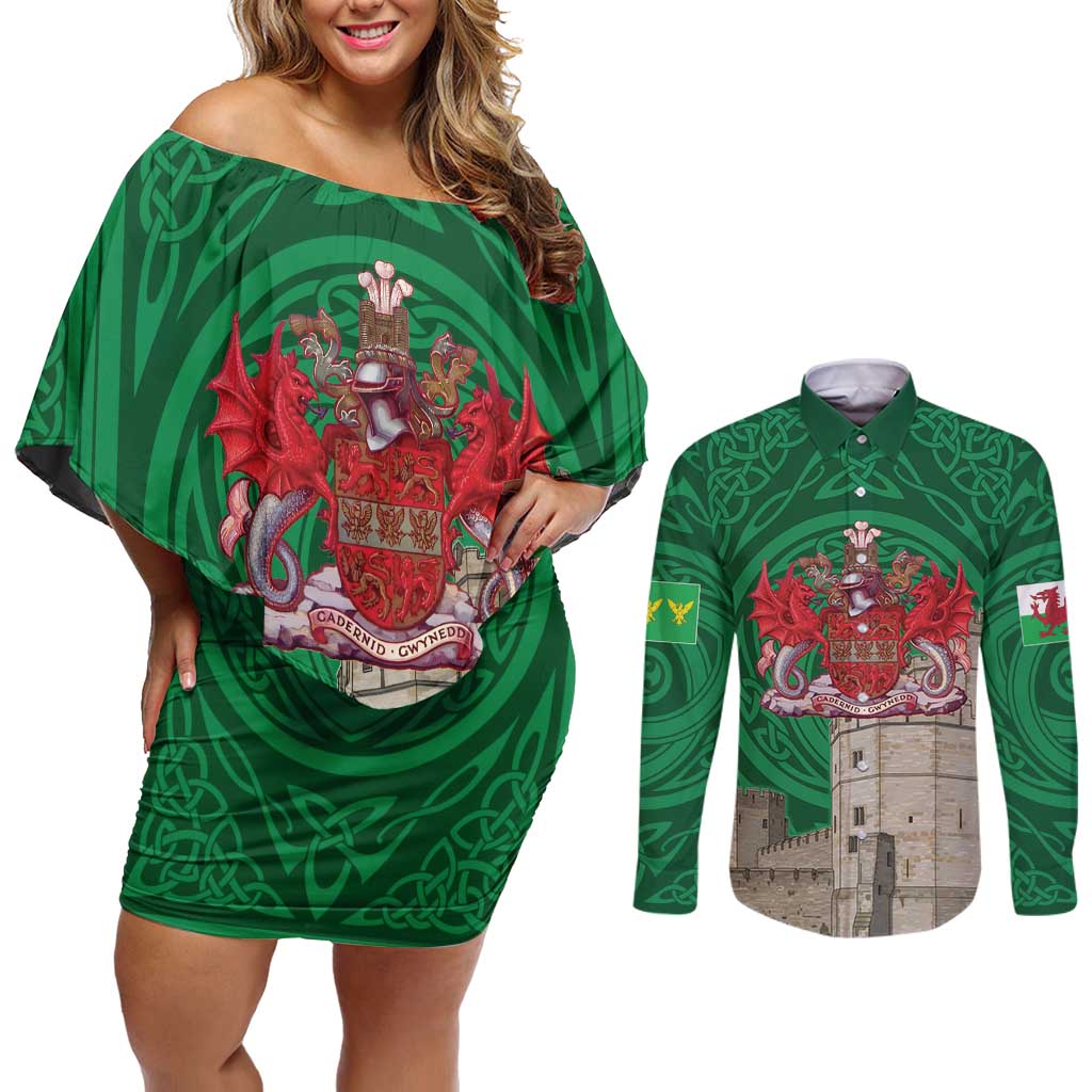 Personalized Caernarfonshire Wales Couples Matching Off Shoulder Short Dress and Long Sleeve Button Shirt Caernarfon Castle and Emblem Celtic Style - Wonder Print Shop