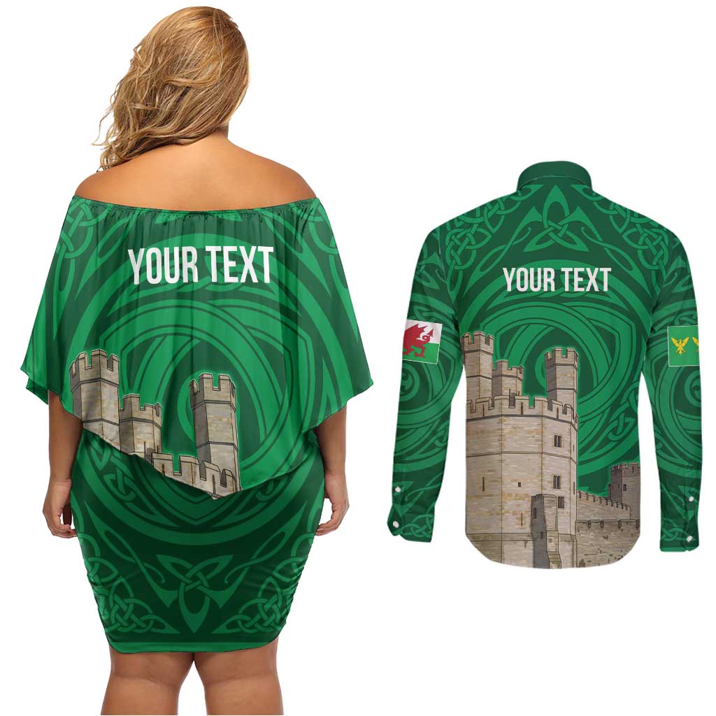 Personalized Caernarfonshire Wales Couples Matching Off Shoulder Short Dress and Long Sleeve Button Shirt Caernarfon Castle and Emblem Celtic Style - Wonder Print Shop
