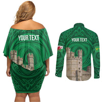 Personalized Caernarfonshire Wales Couples Matching Off Shoulder Short Dress and Long Sleeve Button Shirt Caernarfon Castle and Emblem Celtic Style - Wonder Print Shop