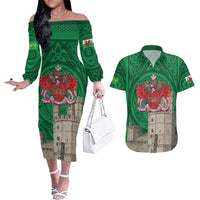 Personalized Caernarfonshire Wales Couples Matching Off The Shoulder Long Sleeve Dress and Hawaiian Shirt Caernarfon Castle and Emblem Celtic Style - Wonder Print Shop