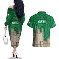 Personalized Caernarfonshire Wales Couples Matching Off The Shoulder Long Sleeve Dress and Hawaiian Shirt Caernarfon Castle and Emblem Celtic Style - Wonder Print Shop