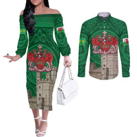 Personalized Caernarfonshire Wales Couples Matching Off The Shoulder Long Sleeve Dress and Long Sleeve Button Shirt Caernarfon Castle and Emblem Celtic Style - Wonder Print Shop