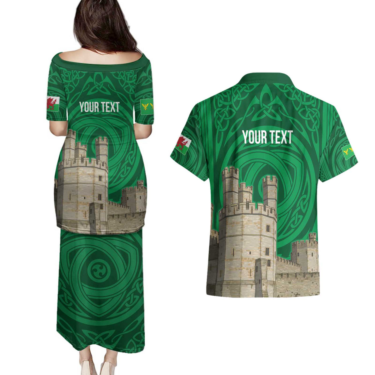 Personalized Caernarfonshire Wales Couples Matching Puletasi and Hawaiian Shirt Caernarfon Castle and Emblem Celtic Style - Wonder Print Shop