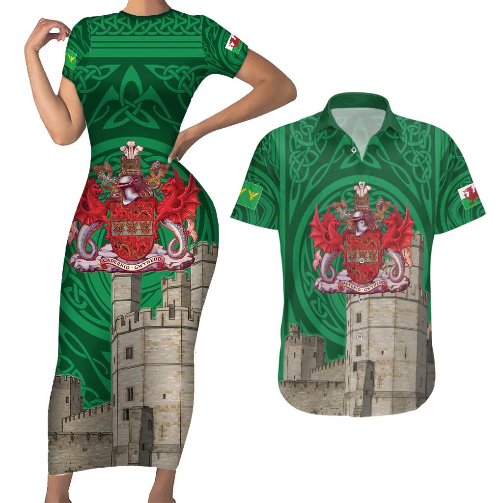 Personalized Caernarfonshire Wales Couples Matching Short Sleeve Bodycon Dress and Hawaiian Shirt Caernarfon Castle and Emblem Celtic Style - Wonder Print Shop