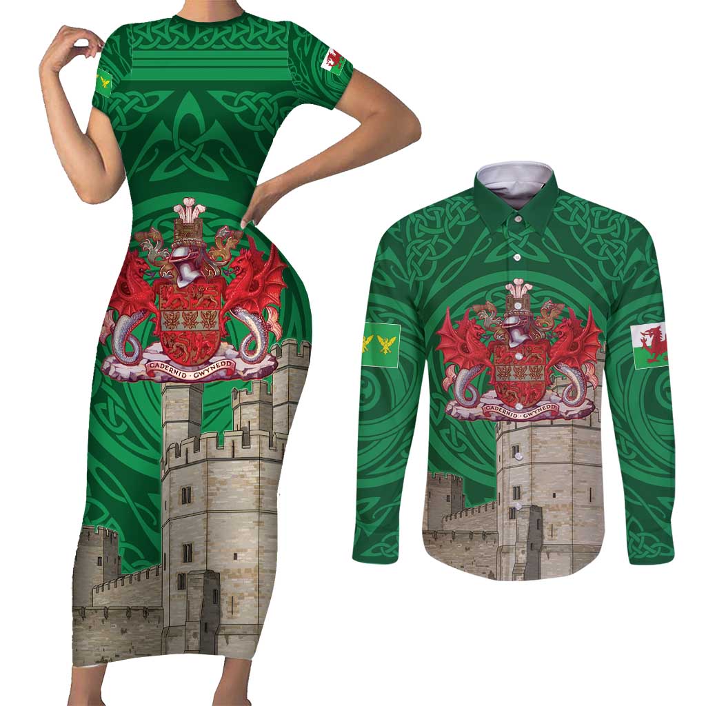 Personalized Caernarfonshire Wales Couples Matching Short Sleeve Bodycon Dress and Long Sleeve Button Shirt Caernarfon Castle and Emblem Celtic Style - Wonder Print Shop