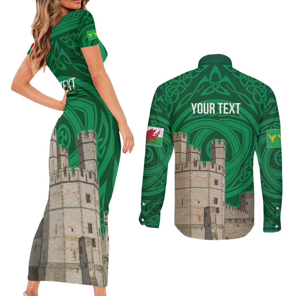 Personalized Caernarfonshire Wales Couples Matching Short Sleeve Bodycon Dress and Long Sleeve Button Shirt Caernarfon Castle and Emblem Celtic Style - Wonder Print Shop
