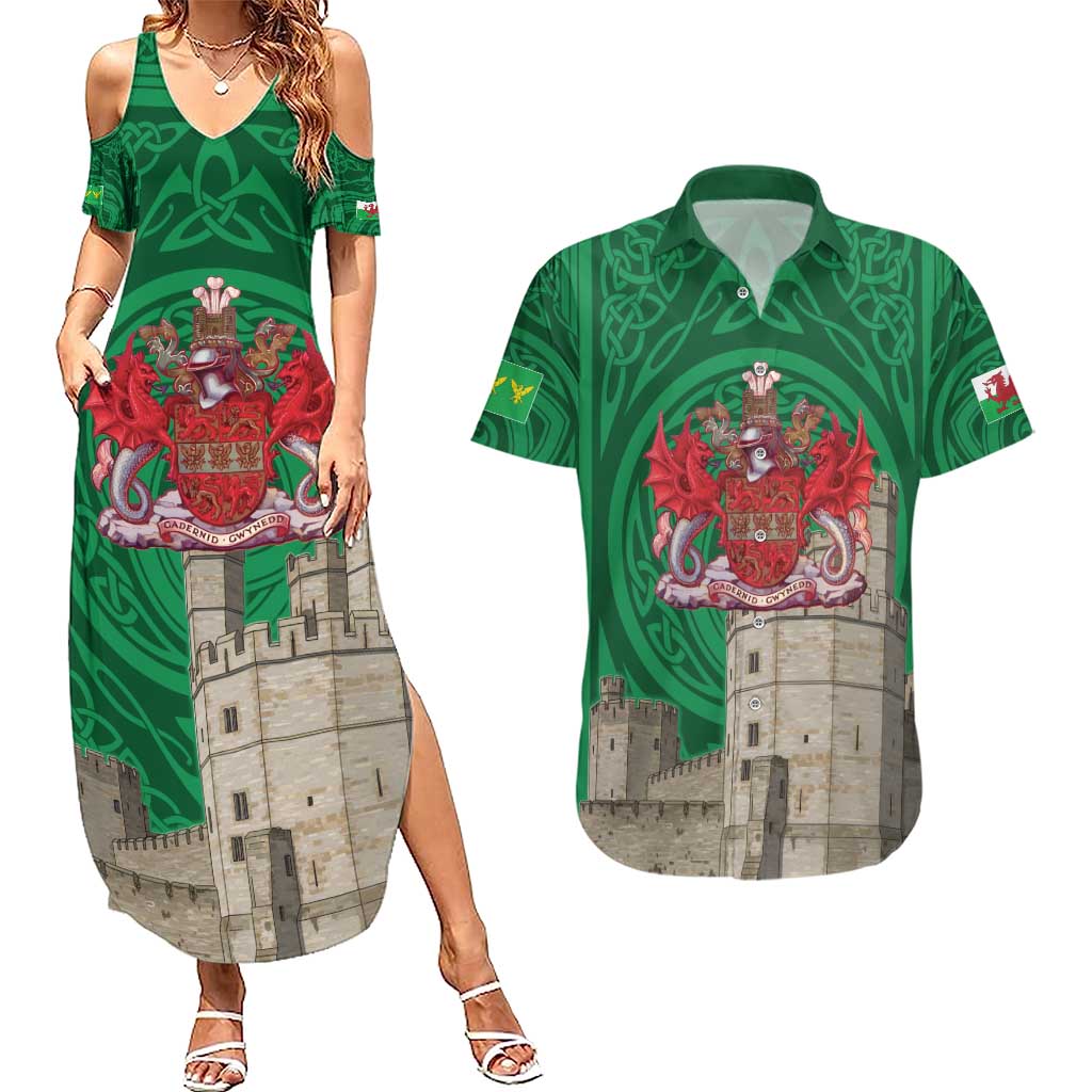 Personalized Caernarfonshire Wales Couples Matching Summer Maxi Dress and Hawaiian Shirt Caernarfon Castle and Emblem Celtic Style - Wonder Print Shop