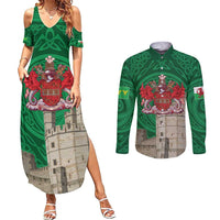 Personalized Caernarfonshire Wales Couples Matching Summer Maxi Dress and Long Sleeve Button Shirt Caernarfon Castle and Emblem Celtic Style - Wonder Print Shop