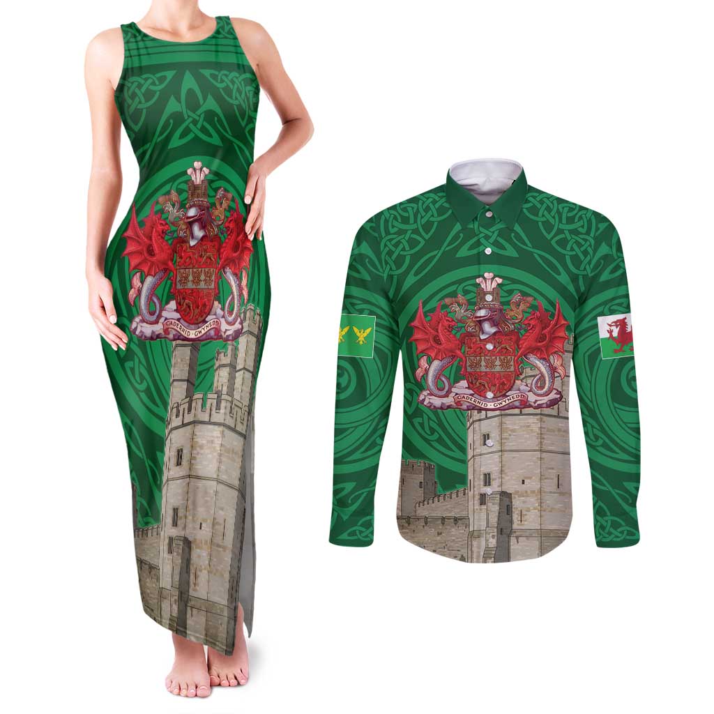 Personalized Caernarfonshire Wales Couples Matching Tank Maxi Dress and Long Sleeve Button Shirt Caernarfon Castle and Emblem Celtic Style - Wonder Print Shop