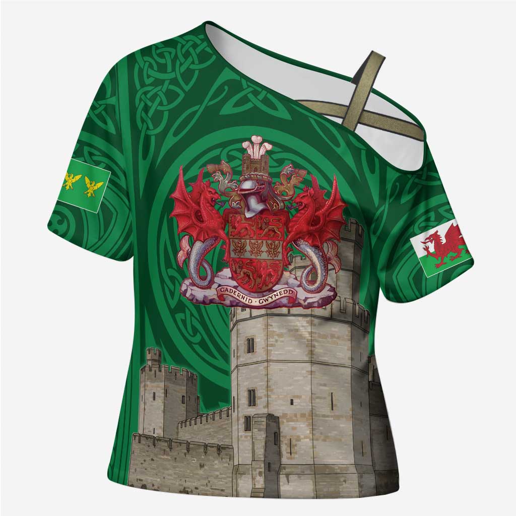 Personalized Caernarfonshire Wales Cross Shoulder Shirt Caernarfon Castle and Emblem Celtic Style - Wonder Print Shop