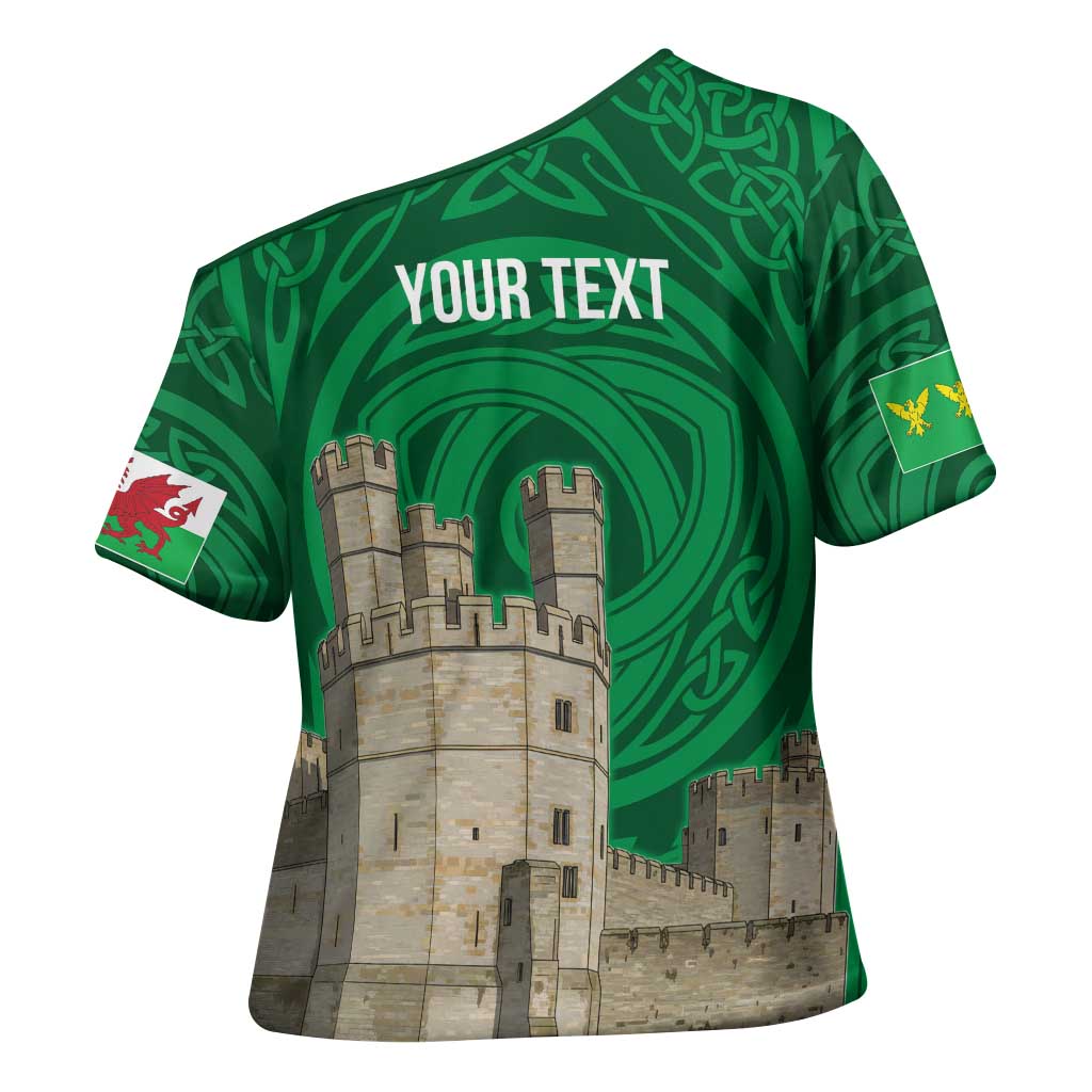 Personalized Caernarfonshire Wales Cross Shoulder Shirt Caernarfon Castle and Emblem Celtic Style - Wonder Print Shop