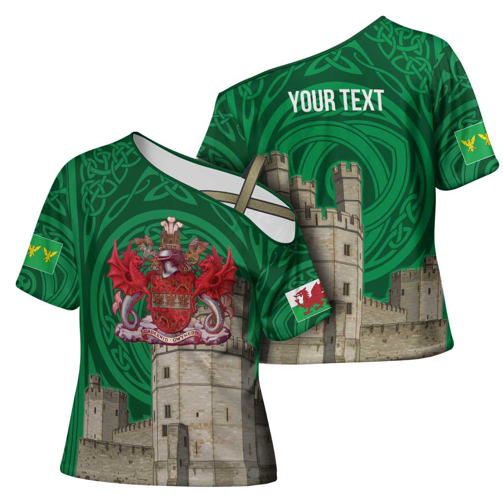 Personalized Caernarfonshire Wales Cross Shoulder Shirt Caernarfon Castle and Emblem Celtic Style - Wonder Print Shop