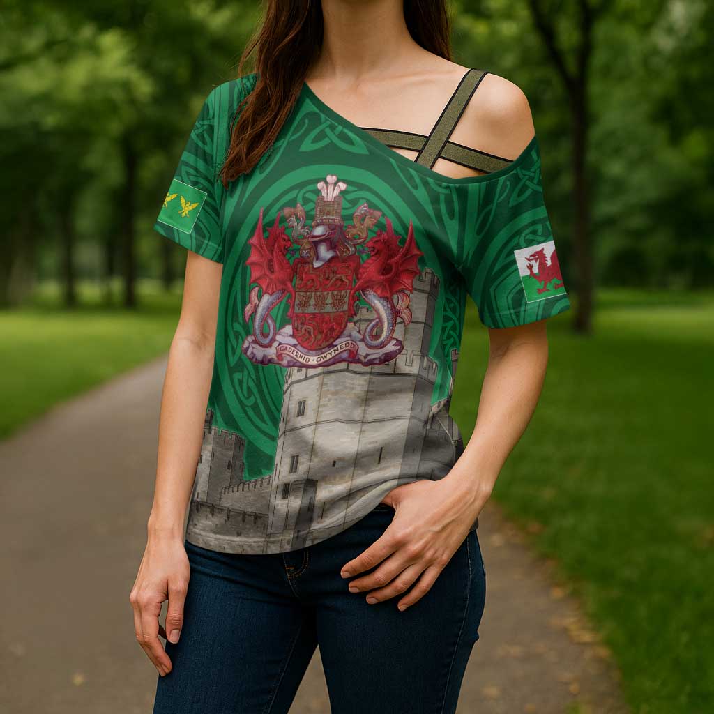 Personalized Caernarfonshire Wales Cross Shoulder Shirt Caernarfon Castle and Emblem Celtic Style - Wonder Print Shop