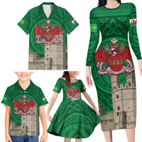 Personalized Caernarfonshire Wales Family Matching Long Sleeve Bodycon Dress and Hawaiian Shirt Caernarfon Castle and Emblem Celtic Style - Wonder Print Shop