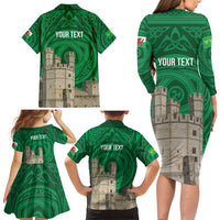 Personalized Caernarfonshire Wales Family Matching Long Sleeve Bodycon Dress and Hawaiian Shirt Caernarfon Castle and Emblem Celtic Style - Wonder Print Shop