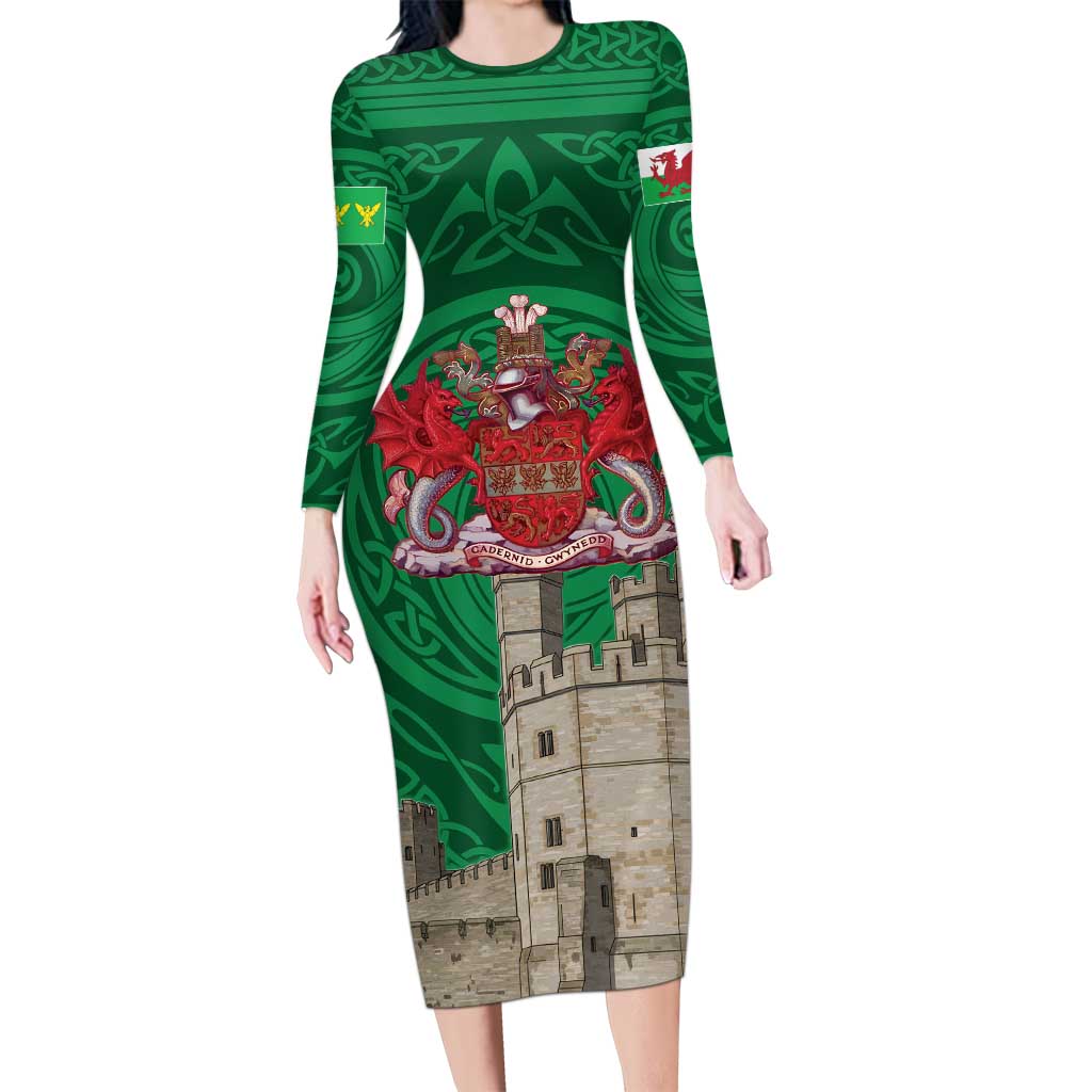 Personalized Caernarfonshire Wales Family Matching Long Sleeve Bodycon Dress and Hawaiian Shirt Caernarfon Castle and Emblem Celtic Style - Wonder Print Shop