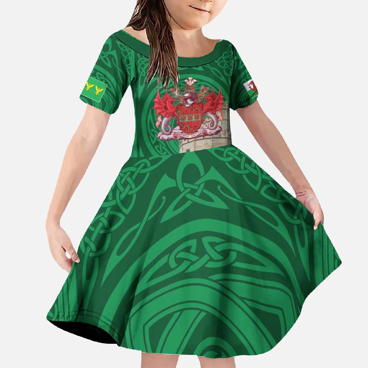 Personalized Caernarfonshire Wales Family Matching Off The Shoulder Long Sleeve Dress and Hawaiian Shirt Caernarfon Castle and Emblem Celtic Style - Wonder Print Shop