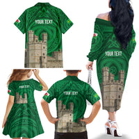 Personalized Caernarfonshire Wales Family Matching Off The Shoulder Long Sleeve Dress and Hawaiian Shirt Caernarfon Castle and Emblem Celtic Style - Wonder Print Shop