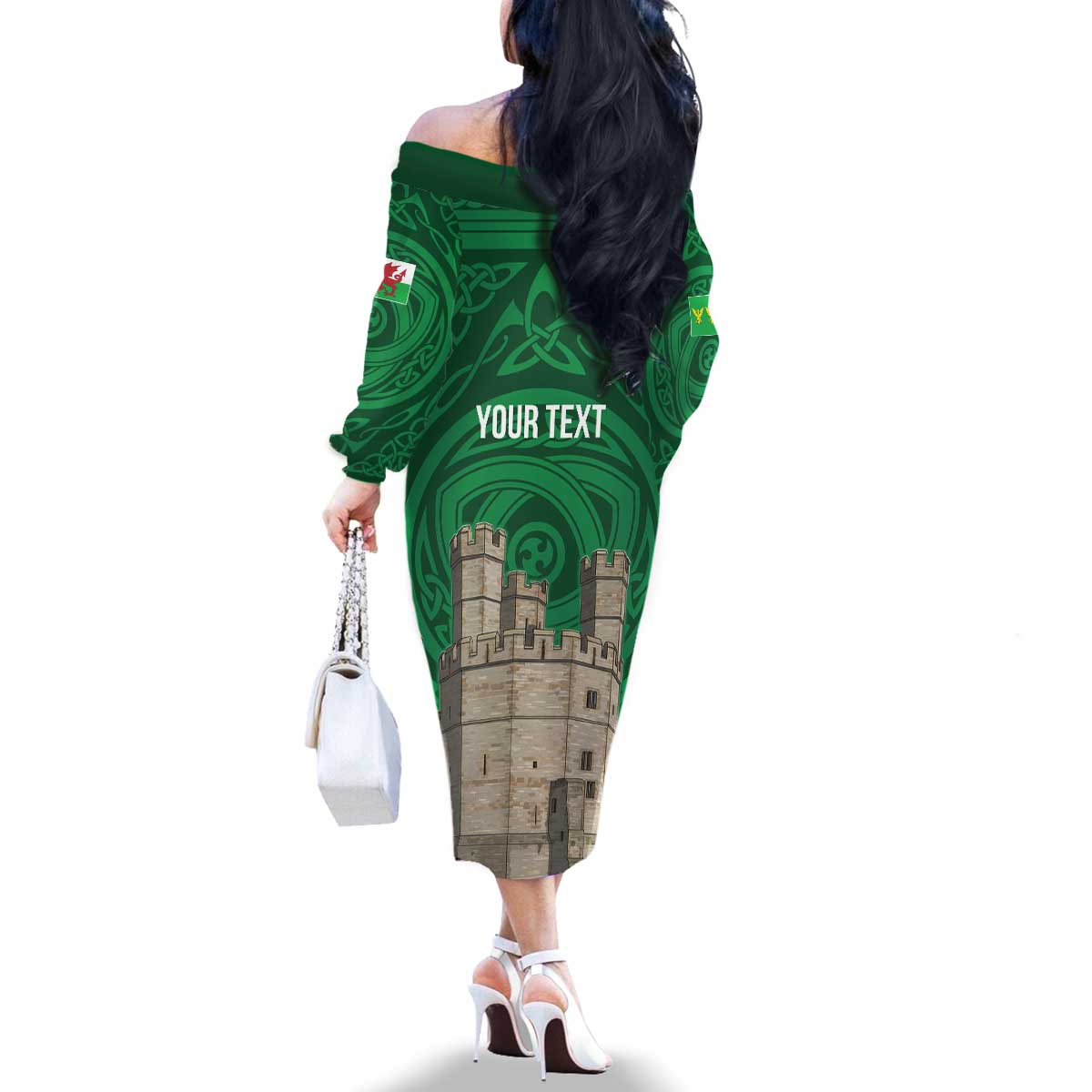 Personalized Caernarfonshire Wales Family Matching Off The Shoulder Long Sleeve Dress and Hawaiian Shirt Caernarfon Castle and Emblem Celtic Style - Wonder Print Shop