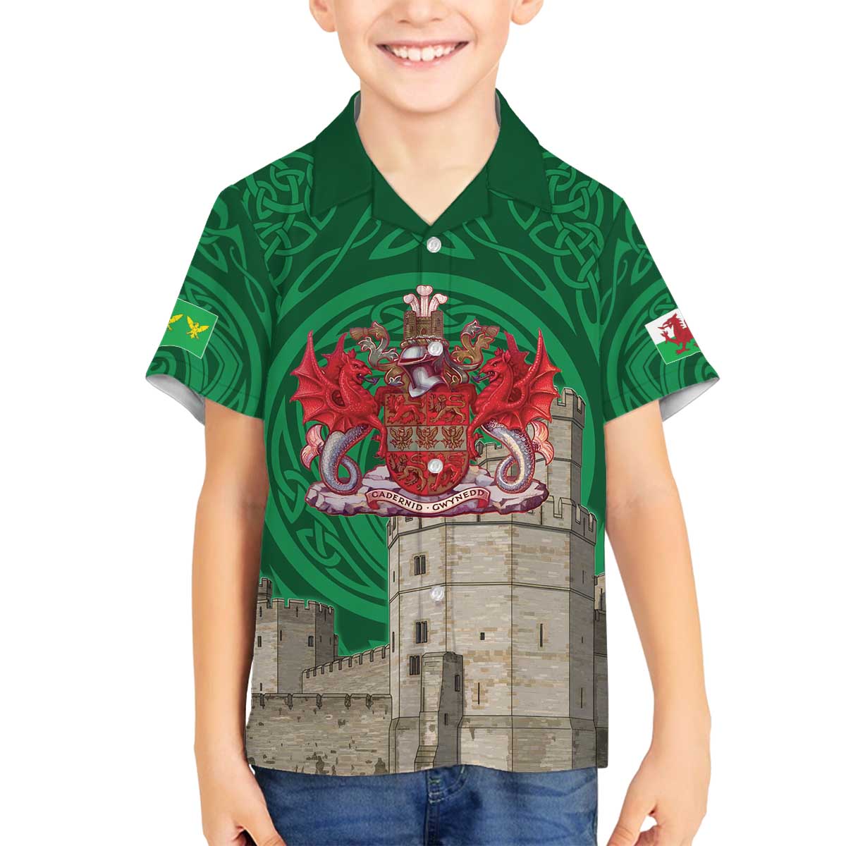 Personalized Caernarfonshire Wales Family Matching Off The Shoulder Long Sleeve Dress and Hawaiian Shirt Caernarfon Castle and Emblem Celtic Style - Wonder Print Shop