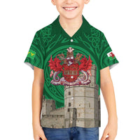 Personalized Caernarfonshire Wales Family Matching Off The Shoulder Long Sleeve Dress and Hawaiian Shirt Caernarfon Castle and Emblem Celtic Style - Wonder Print Shop