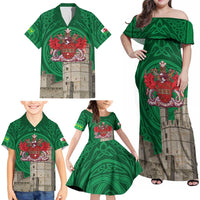Personalized Caernarfonshire Wales Family Matching Off Shoulder Maxi Dress and Hawaiian Shirt Caernarfon Castle and Emblem Celtic Style - Wonder Print Shop