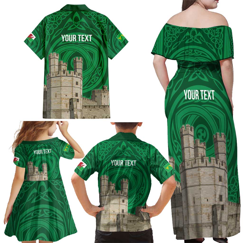 Personalized Caernarfonshire Wales Family Matching Off Shoulder Maxi Dress and Hawaiian Shirt Caernarfon Castle and Emblem Celtic Style - Wonder Print Shop