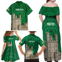 Personalized Caernarfonshire Wales Family Matching Off Shoulder Maxi Dress and Hawaiian Shirt Caernarfon Castle and Emblem Celtic Style - Wonder Print Shop