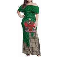 Personalized Caernarfonshire Wales Family Matching Off Shoulder Maxi Dress and Hawaiian Shirt Caernarfon Castle and Emblem Celtic Style - Wonder Print Shop