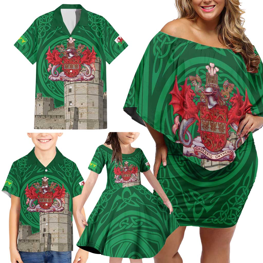 Personalized Caernarfonshire Wales Family Matching Off Shoulder Short Dress and Hawaiian Shirt Caernarfon Castle and Emblem Celtic Style - Wonder Print Shop