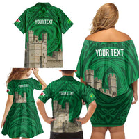 Personalized Caernarfonshire Wales Family Matching Off Shoulder Short Dress and Hawaiian Shirt Caernarfon Castle and Emblem Celtic Style - Wonder Print Shop