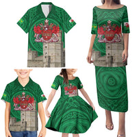 Personalized Caernarfonshire Wales Family Matching Puletasi and Hawaiian Shirt Caernarfon Castle and Emblem Celtic Style - Wonder Print Shop