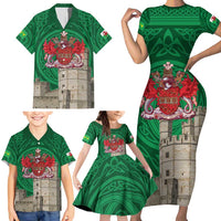 Personalized Caernarfonshire Wales Family Matching Short Sleeve Bodycon Dress and Hawaiian Shirt Caernarfon Castle and Emblem Celtic Style - Wonder Print Shop