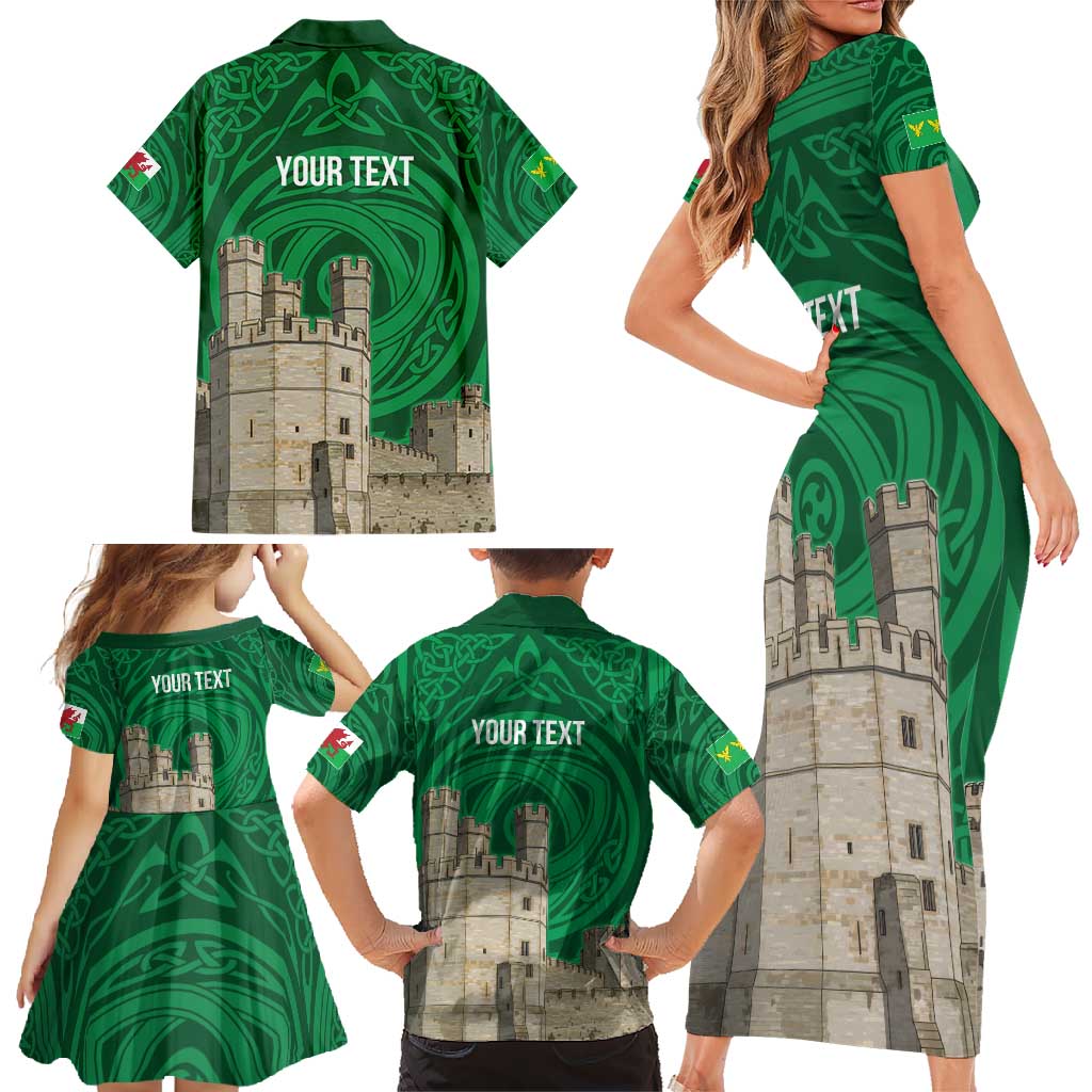Personalized Caernarfonshire Wales Family Matching Short Sleeve Bodycon Dress and Hawaiian Shirt Caernarfon Castle and Emblem Celtic Style - Wonder Print Shop